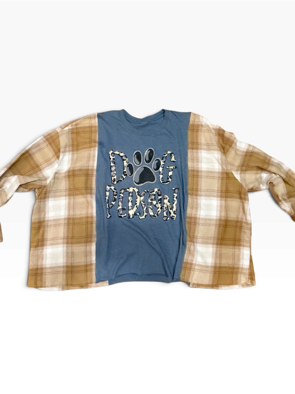 Lily Jean Threads Upcycle Dog Person Blue Tee with Tan Plaid